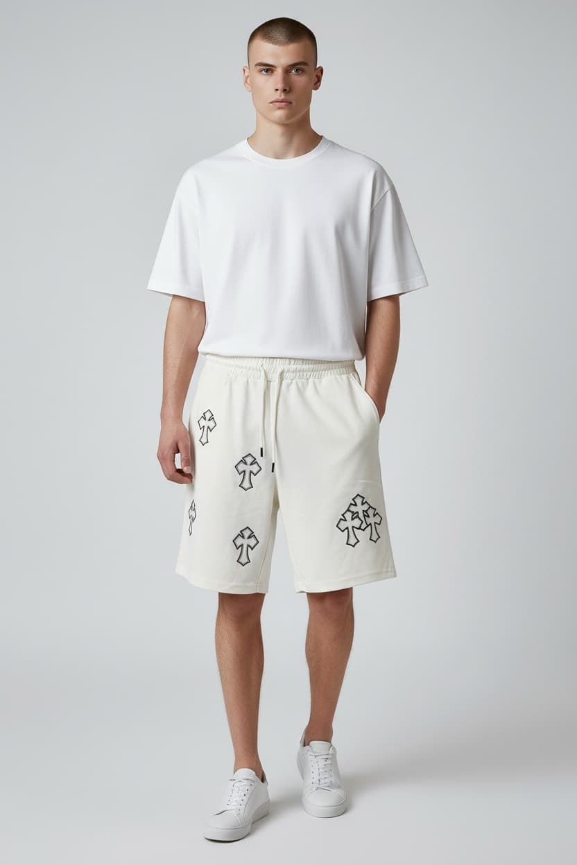 short blanc motif croix