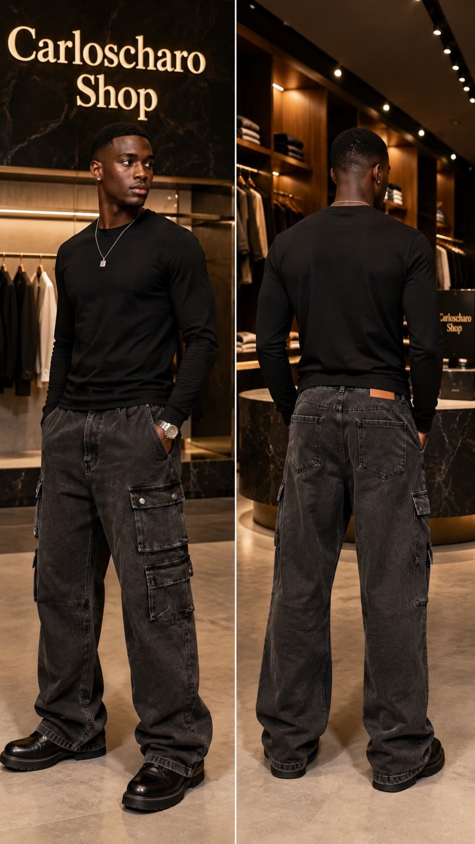 pantalon jean cargo baggy noir multiple poches