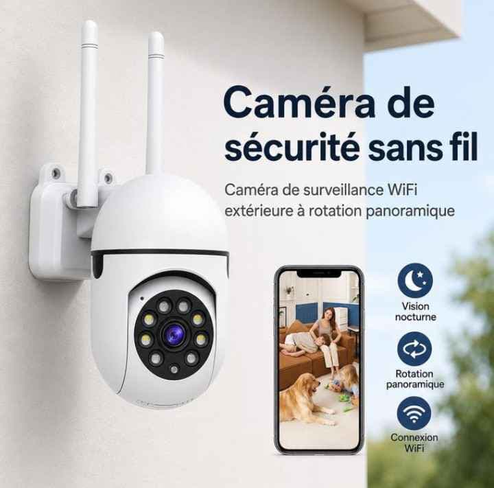 Caméra De Sécurité Sans Fil Extérieure WiFi - Rotation Panoramique 360° - Vision Nocturne - Étanche