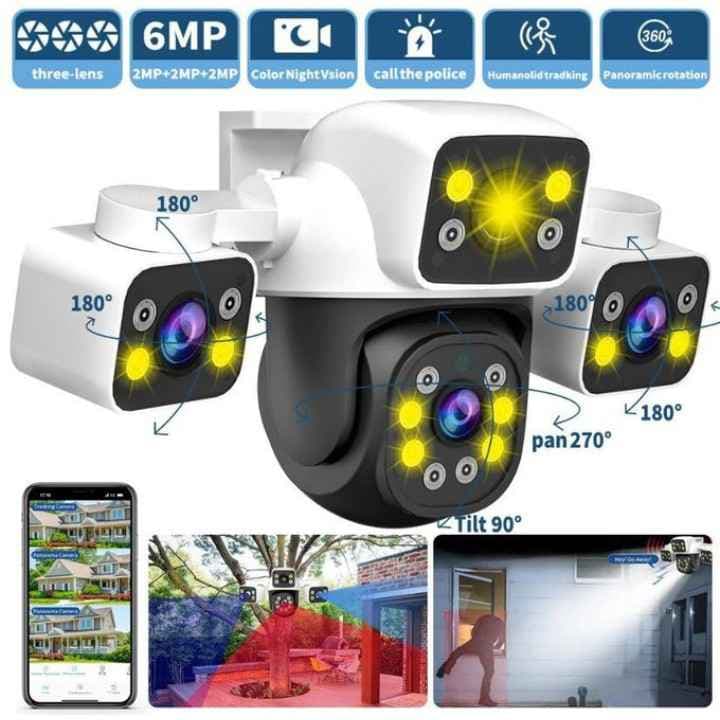 Caméra Triple Objectif 6MP WiFi Extérieure - 3 Écrans - Vision Nocturne Couleur - Suivi Humain Auto - Alarme