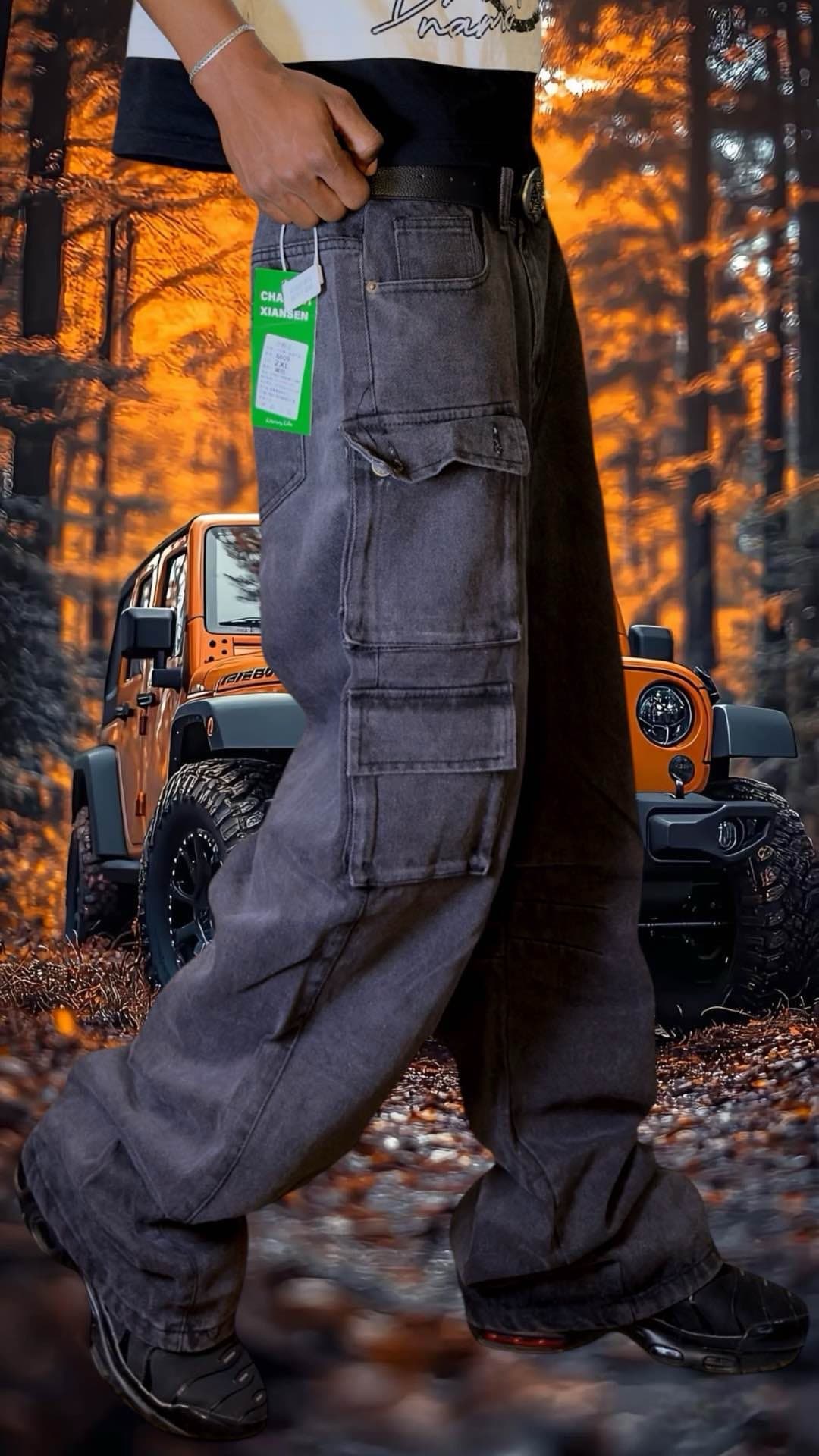 pantalon jean cargo noir robuste